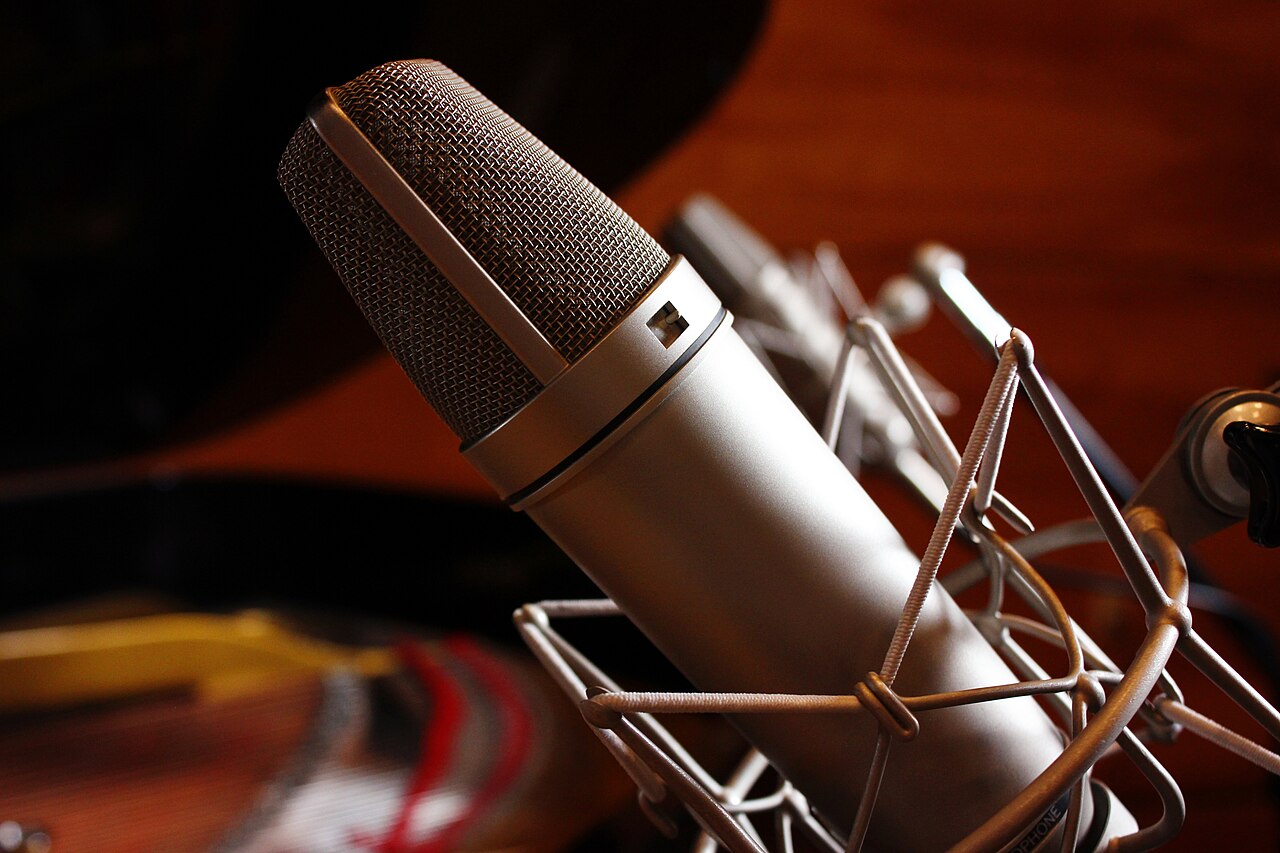 Neumann U87 condenser microphone in a recording studio